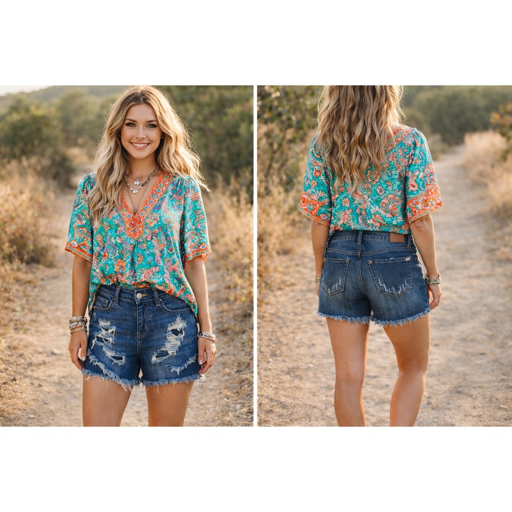 Judy Blue Boho Beach Grunge Distressed Denim Frayed Raw Hem Jean Shorts Medium